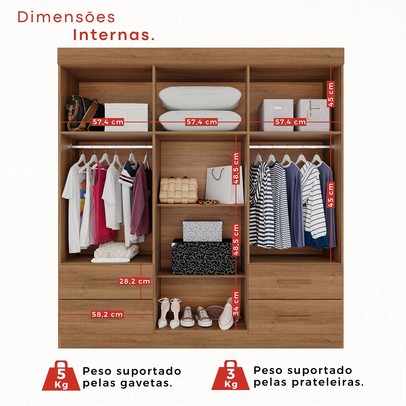 Guarda-Roupa Casal Kali 6 Portas 4 Gavetas com Espelho Cinamomo/Off White - Pnr Móveis