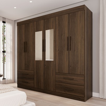 Guarda-Roupa Casal Kali 6 Portas 4 Gavetas com Espelho Savana - Pnr Móveis