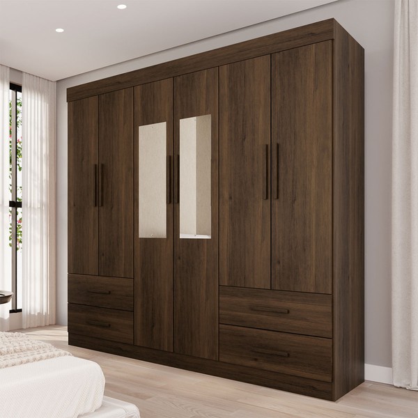 Guarda-Roupa Casal Kali 6 Portas 4 Gavetas com Espelho Savana - Pnr Móveis