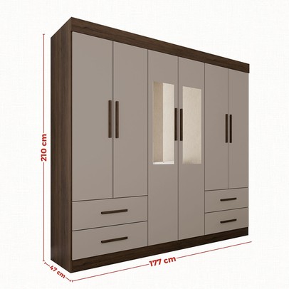 Guarda-Roupa Casal Kali 6 Portas 4 Gavetas com Espelho Savana/Off White - Pnr Móveis