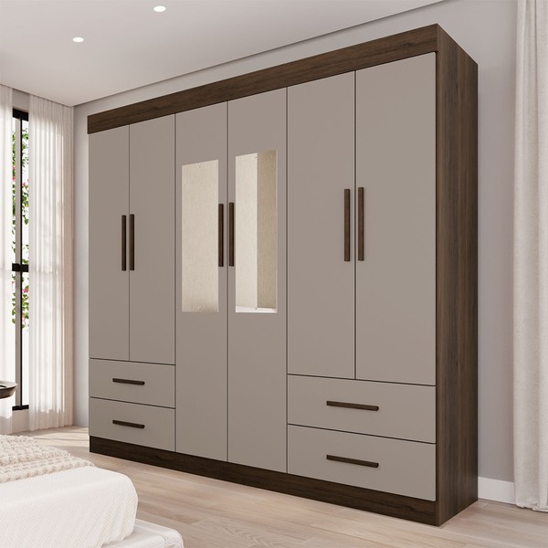 Guarda-Roupa Casal Kali 6 Portas 4 Gavetas com Espelho Savana/Off White - Pnr Móveis