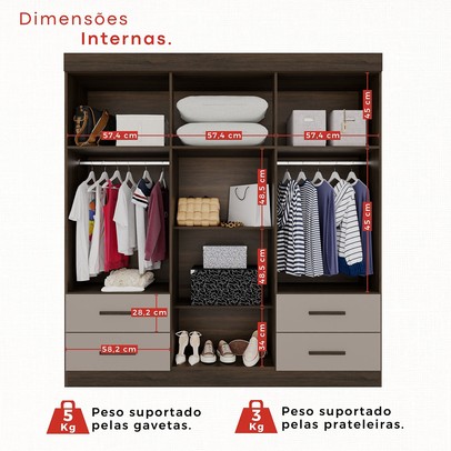 Guarda-Roupa Casal Kali 6 Portas 4 Gavetas com Espelho Savana/Off White - Pnr Móveis