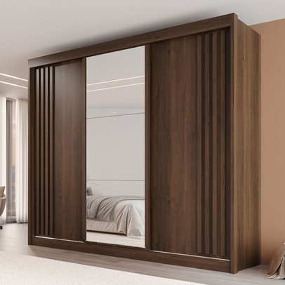 Guarda-Roupa Casal Dortmund 3 Portas 4 Gavetas com Espelho Ripado 100% Mdf Savana - Pnr Móveis