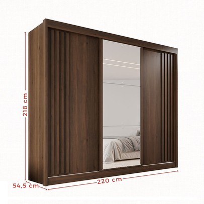 Guarda-Roupa Casal Dortmund 3 Portas 4 Gavetas com Espelho Ripado 100% Mdf Savana - Pnr Móveis