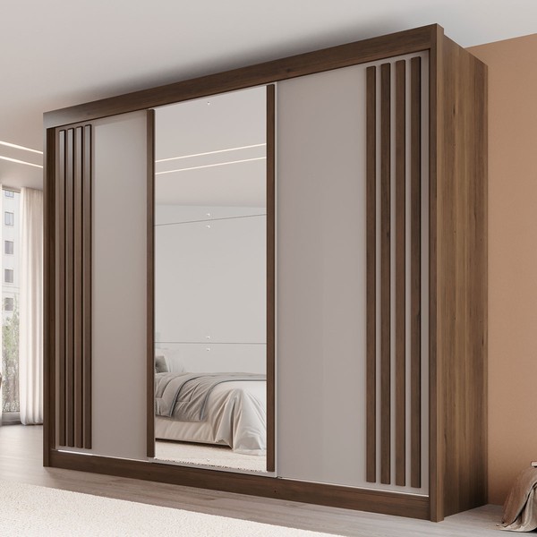 Guarda-Roupa Casal Dortmund 3 Portas 4 Gavetas com Espelho Ripado 100% Mdf Savana/Off White - Pnr Móveis