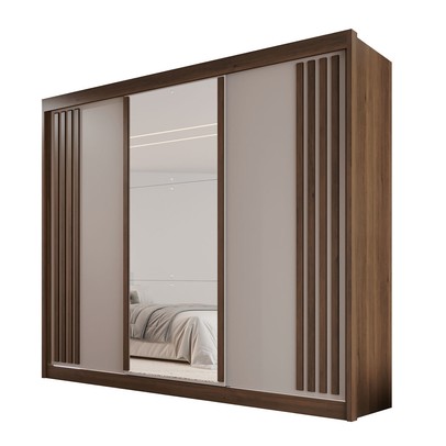 Guarda-Roupa Casal Dortmund 3 Portas 4 Gavetas com Espelho Ripado 100% Mdf Savana/Off White - Pnr Móveis