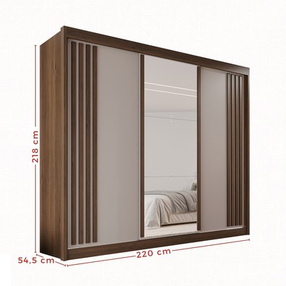 Guarda-Roupa Casal Dortmund 3 Portas 4 Gavetas com Espelho Ripado 100% Mdf Savana/Off White - Pnr Móveis