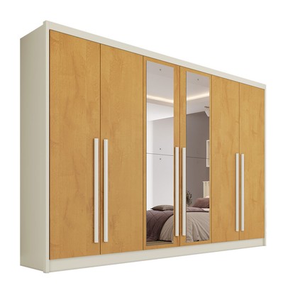 Guarda-Roupa Casal Valencia 6 Portas 6 Gavetas 100% Mdf com Espelho Off White/Peroba - Mademarques