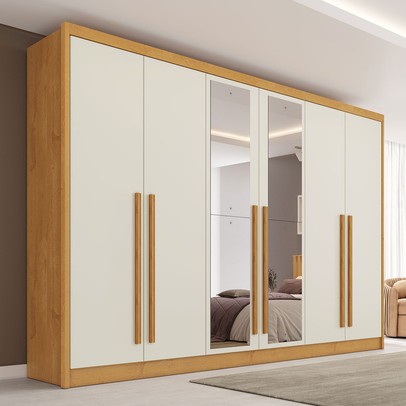 Guarda-Roupa Casal Valencia 6 Portas 6 Gavetas 100% Mdf com Espelho Peroba/Off White - Mademarques