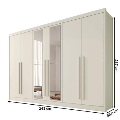 Guarda-Roupa Casal Alba Plus 6 Portas 4 Gavetas 100% Mdf com Espelho Off White - Mademarques
