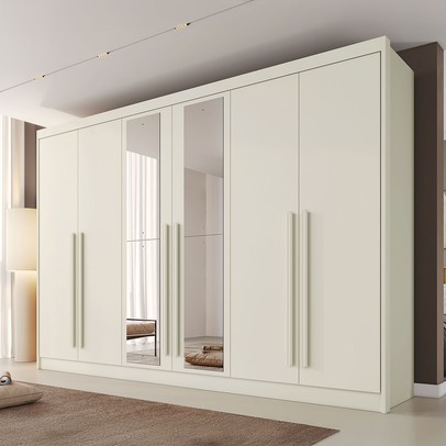 Guarda-Roupa Casal Alba Plus 6 Portas 4 Gavetas 100% Mdf com Espelho Off White - Mademarques