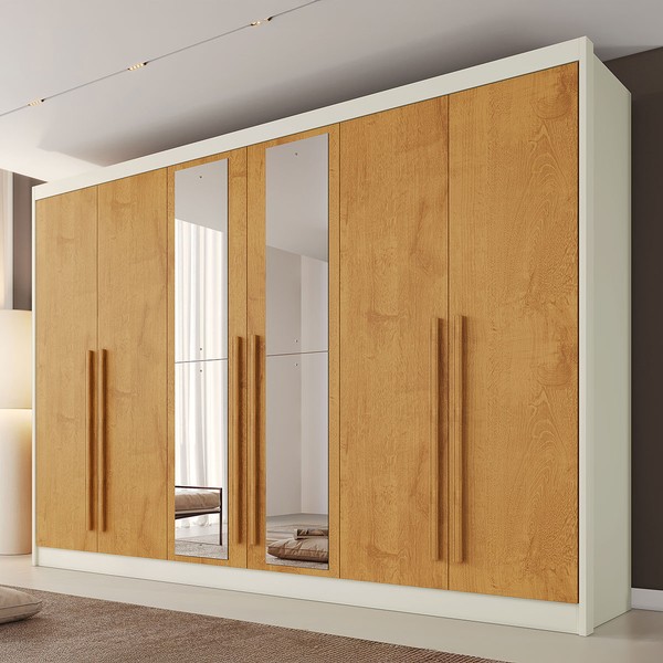 Guarda-Roupa Casal Alba Plus 6 Portas 4 Gavetas 100% Mdf com Espelho Off White/Peroba - Mademarques