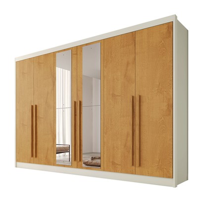 Guarda-Roupa Casal Alba Plus 6 Portas 4 Gavetas 100% Mdf com Espelho Off White/Peroba - Mademarques