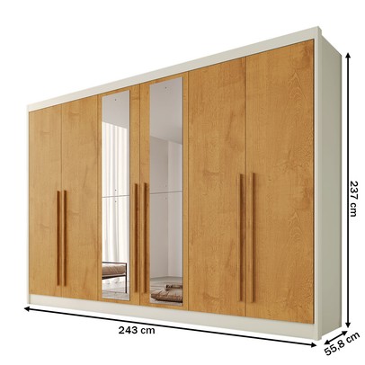 Guarda-Roupa Casal Alba Plus 6 Portas 4 Gavetas 100% Mdf com Espelho Off White/Peroba - Mademarques