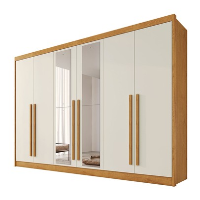 Guarda-Roupa Casal Alba Plus 6 Portas 4 Gavetas 100% Mdf com Espelho Peroba/Off White - Mademarques
