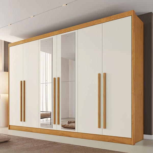 Guarda-Roupa Casal Alba Plus 6 Portas 4 Gavetas 100% Mdf com Espelho Peroba/Off White - Mademarques