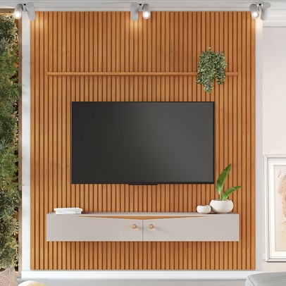 Painel Ripado para TV Até 75 Polegadas Girona 2 Portas 1 Prateleira Cinamomo/Off White - Pnr Móveis