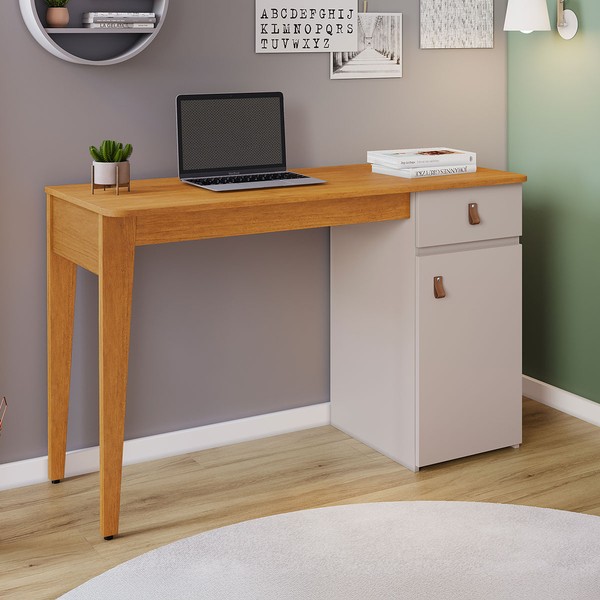 Mesa Escrivaninha Pérola 1 Porta 1 Gaveta Cinamomo/Off White - Pnr Móveis