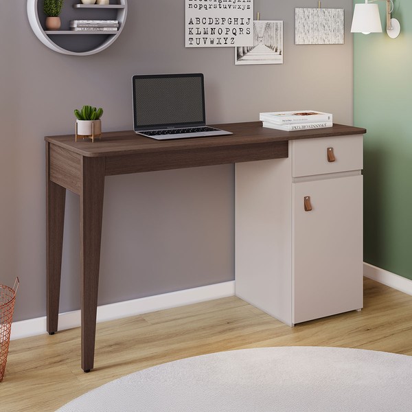 Mesa Escrivaninha Pérola 1 Porta 1 Gaveta Café/Off White - Pnr Móveis