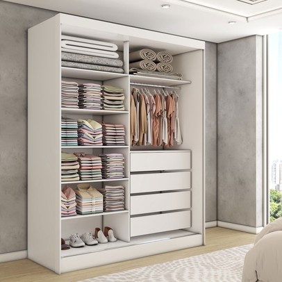 Guarda-Roupa Solteiro Vulcan 2 Portas 4 Gavetas com Espelho 100% Mdf Branco - Panorama Móveis