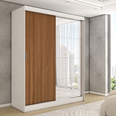 Guarda-Roupa Solteiro Vulcan 2 Portas 4 Gavetas com Espelho 100% Mdf Branco/Amêndola - Panorama Móveis