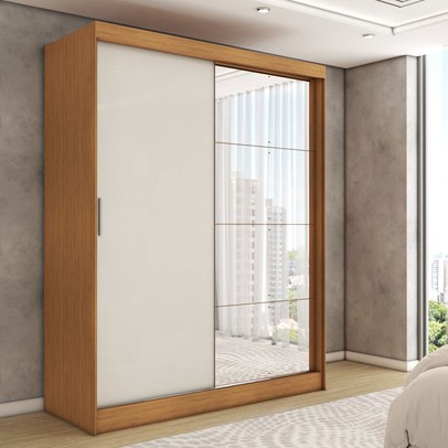 Guarda-Roupa Solteiro Vulcan 2 Portas 4 Gavetas com Espelho 100% Mdf Cinamomo/Off White - Panorama Móveis