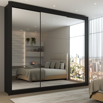 Guarda-Roupa Casal Luiza 3 Portas de Correr 4 Gavetas Espelhado Preto - Panorama Móveis