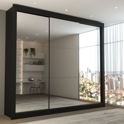 Guarda-Roupa Casal Luiza 3 Portas de Correr 4 Gavetas Espelhado Preto - Panorama Móveis