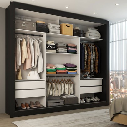 Guarda-Roupa Casal Luiza 3 Portas de Correr 4 Gavetas Espelhado Preto - Panorama Móveis