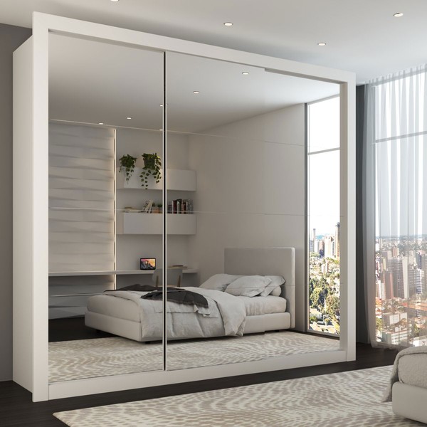 Guarda-Roupa Casal Louise 3 Portas de Correr 4 Gavetas Espelhado Branco - Panorama Móveis