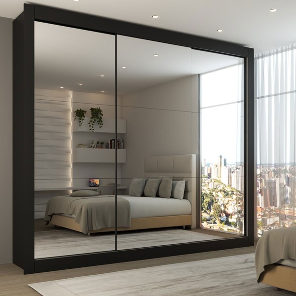 Guarda-Roupa Casal Louise 3 Portas de Correr 4 Gavetas Espelhado Preto - Panorama Móveis