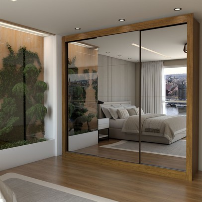 Guarda-Roupa Casal Louise 3 Portas de Correr 4 Gavetas Espelhado Cinamomo - Panorama Móveis