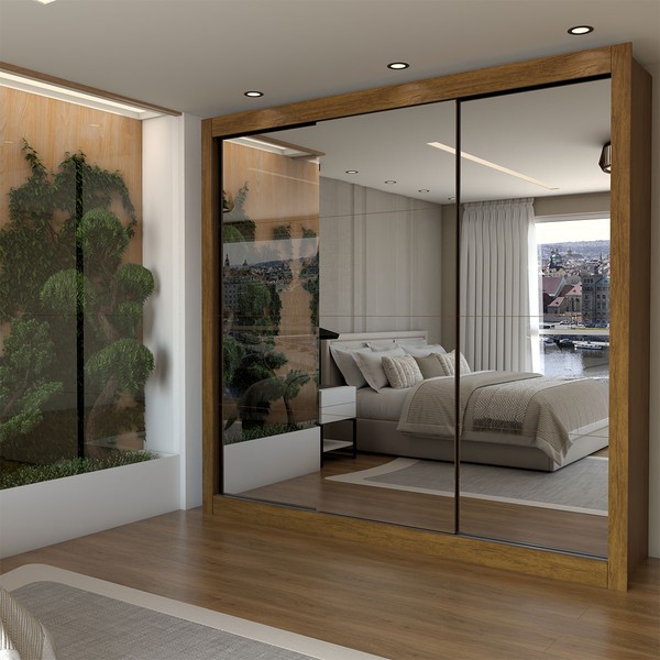 Guarda-Roupa Casal Louise 3 Portas de Correr 4 Gavetas Espelhado Cinamomo - Panorama Móveis