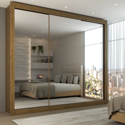 Guarda-Roupa Casal Louise 3 Portas de Correr 4 Gavetas Espelhado Cinamomo - Panorama Móveis