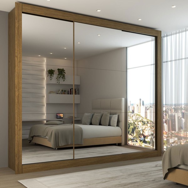 Guarda-Roupa Casal Louise 3 Portas de Correr 4 Gavetas Espelhado Cinamomo - Panorama Móveis