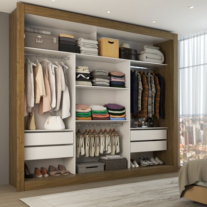 Guarda-Roupa Casal Louise 3 Portas de Correr 4 Gavetas Espelhado Cinamomo - Panorama Móveis