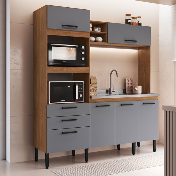 Cozinha Compacta Mel 6 Portas 2 Gavetas Freijó/Cinza - Irm Móveis