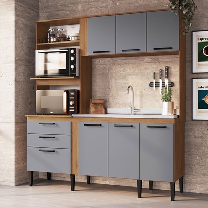 Cozinha Compacta Sophia 7 Portas 2 Gavetas Freijó/Cinza - Irm Móveis