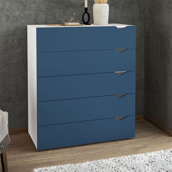 Cômoda Porto 5 Gavetas Branco/Azul - Politorno