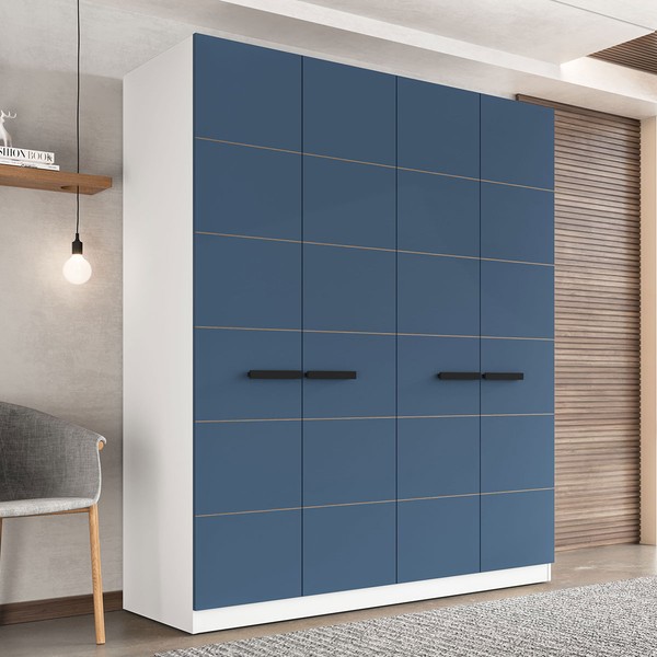 Guarda-Roupa Casal Lisboa 4 Portas 4 Gavetas Branco/Azul - Politorno