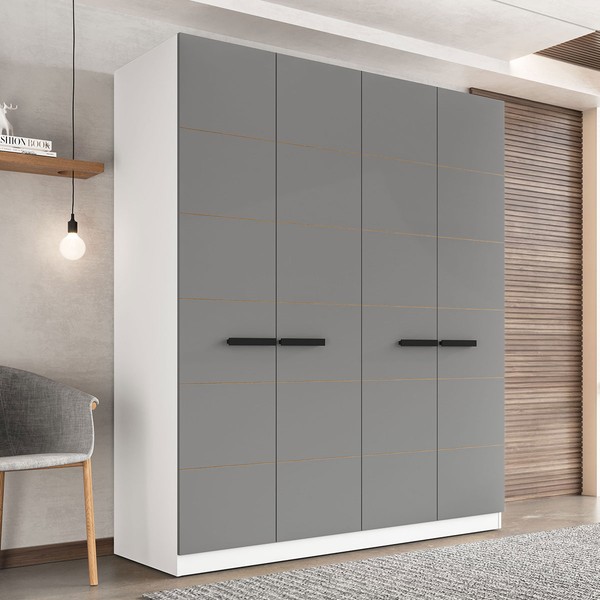 Guarda-Roupa Casal Lisboa 4 Portas 4 Gavetas Branco/Cinza - Politorno