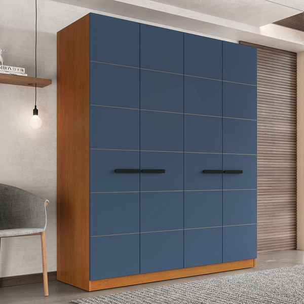 Guarda-Roupa Casal Lisboa 4 Portas 4 Gavetas Freijó/Azul - Politorno