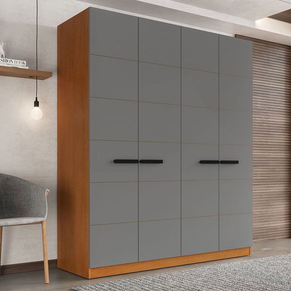 Guarda-Roupa Casal Lisboa 4 Portas 4 Gavetas Freijó/Cinza - Politorno