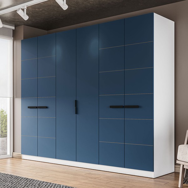 Guarda-Roupa Casal Lisboa 6 Portas 4 Gavetas Branco/Azul - Politorno