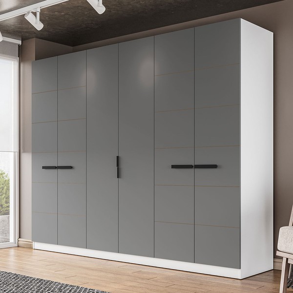 Guarda-Roupa Casal Lisboa 6 Portas 4 Gavetas Branco/Cinza - Politorno