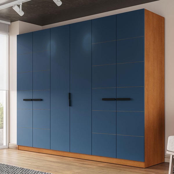 Guarda-Roupa Casal Lisboa 6 Portas 4 Gavetas Freijó/Azul - Politorno