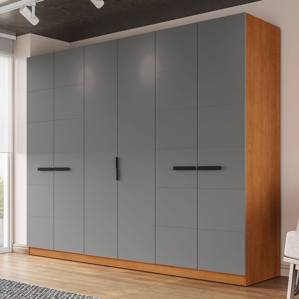 Guarda-Roupa Casal Lisboa 6 Portas 4 Gavetas Freijó/Cinza - Politorno