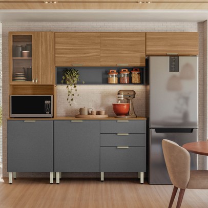 Cozinha Completa Charge 8 Portas 2 Gavetas com Vidro Amêndola/Grafito Prime Tx - Pnr Móveis