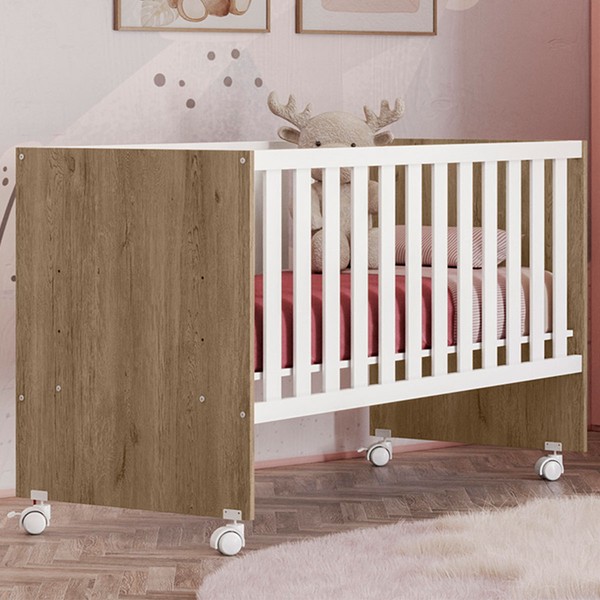 Berço Beaty com Rodízio Carvalho/Branco - Pnr Móveis