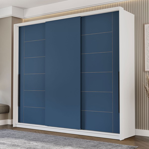 Guarda-Roupa Casal Lisboa 3 Portas 4 Gavetas Branco/Azul - Politorno